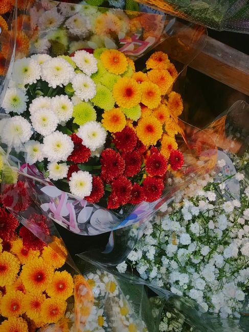 A vibrant bouquet of fresh chrysanthemums arranged in a clear wrapping, featuring white, yellow, orange, and red blossoms with lush green stems and leaves. The bouquet is placed on a wooden surface, w
