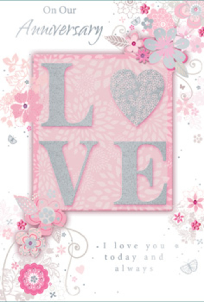 The anniversary card in view feels like stepping into a bright yet tranquil room somewhere in Bracknell Forest, where love is honoured in the small, everyday gestures. On the front, the focal point is the word LOVE, depicted in slightly raised letters coated with a frosted, glittery finish. This subtle sparkle catches and reflects the light gently, similar to the way the late afternoon sun filters through leaves along woodland paths. The texture of the lettering is pleasantly tactile, encouraging the hand to trace each letter, much as one might run fingers along the stems and petals of a thoughtfully tied bouquet. Around this central word, soft sprays of hand-drawn blooms and foliage drift toward the edges of the card. The colour palette blends dusty pinks, muted lilacs, and creamy ivories, each flower formed with fine, sketch-like lines that suggest an artist's or florist's careful planning. Dainty leaves and filigree curls weave between the blossoms, while tiny, almost-secret butterflies appear here and there, hinting at the flutter of excitement that anniversaries often bring. The background remains a gentle blush, allowing the floral detailing to stand out with a quiet grace rather than strong contrast. Inside, the phrase I love you today and always is printed in an understated, graceful typeface, leaving space for personal words to be added. The overall mood of the card is contemplative and hopeful, like a hand-tied bouquet translated into paper form-a tender companion to anniversary flowers prepared by Flower Delivery Bracknell Forest and brought to doorsteps across the local villages and residential lanes.