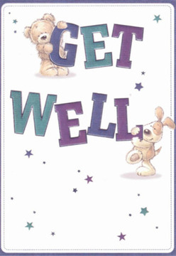 There is real artistry woven into this colourful get well card, best described as a joyful meeting of hope and tenderness so familiar to Bracknell Forest. Dominating the foreground, a plush teddy bear, its fur brushed in golden hues, lifts the word 'GET' with a proud yet affectionate touch, while a playful puppy curls contentedly below, gently hugging the giant 'WELL' letterforms. The text, in bold indigo and teal, brings lively contrast and dynamism, while scattered stars glisten in blues and violets-tiny sparks of light that recall the woodland constellations above Crowthorne or Ascot. The entire card is framed by a luminous white background, symbolizing clarity, new beginnings, and the fresh hope that caring gestures can bring. The tactile detail-downy bear fur and the puppy's silky ears-feels as authentic as a hand-tied bouquet gracing a table along Nine Mile Ride. This image represents more than words: it's a message of recovery, crafted with all the nurturing artistry you expect from Flower Delivery Bracknell Forest, gently cradling loved ones with the promise of brighter tomorrows.